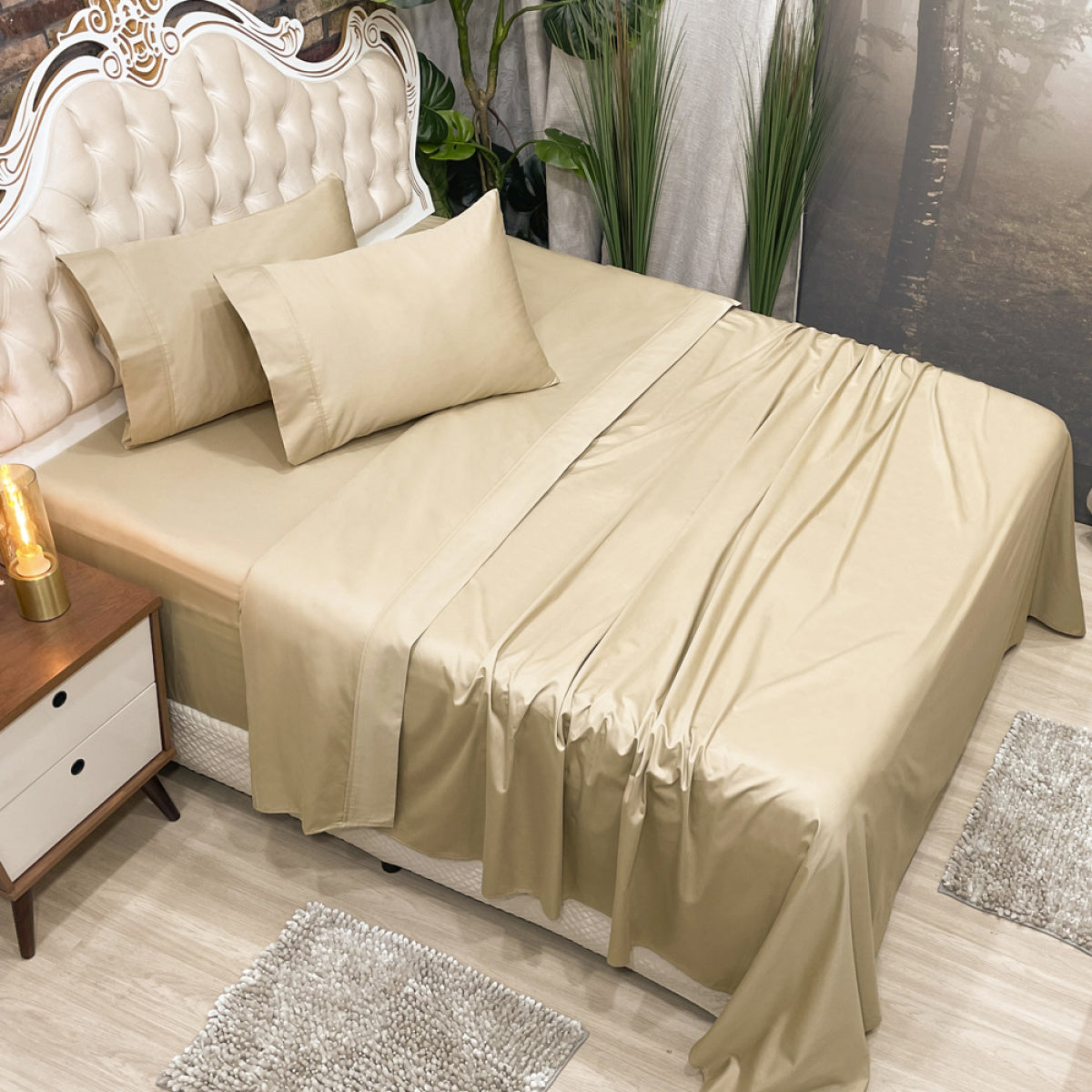 Jogo de Cama Queen 100% Algodão Fio Egípcio Percal 400 Fios Toque Acetinado 4 Peças - Caqui
